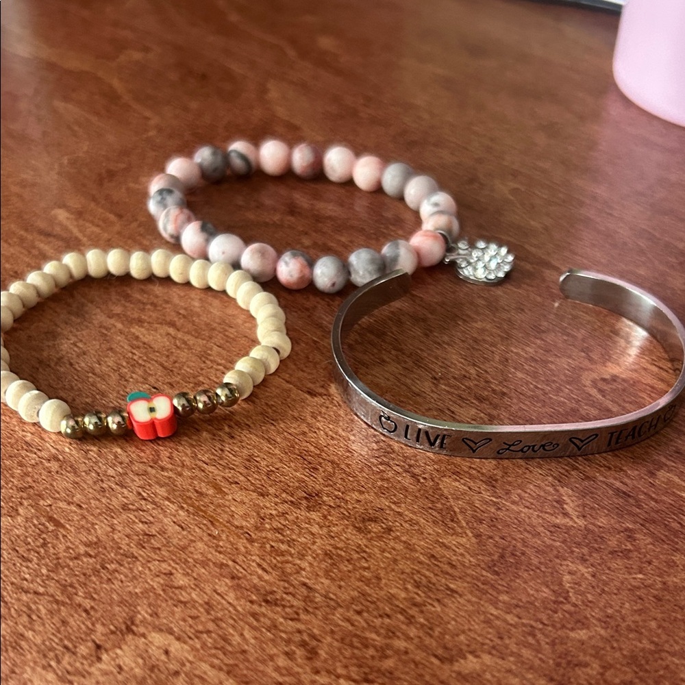 Silver and Pink Beaded “Teacher” Bracelet Set